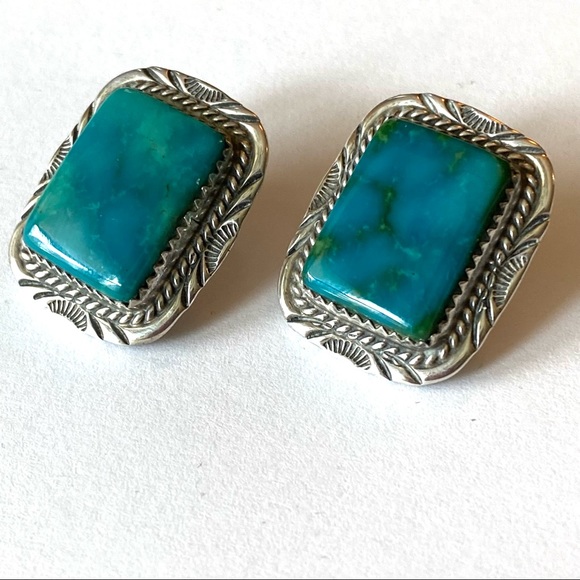 Navajo Sterling Silver Turquoise Will Denetdale Pierced Earrings Post - Picture 2 of 8